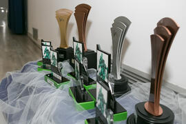 Trofeos a entregar en la Gala del Deporte Universitario 2017. Escuela Técnica Superior de Ingeniería de Telecomunicaciones. Junio de 2017