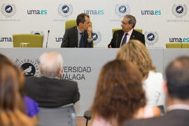 José Ángel Narváez y Pedro Duque. Consejo de Gobierno extraordinario de la Universidad de Málaga. Edificio del Rectorado. Junio de 2018