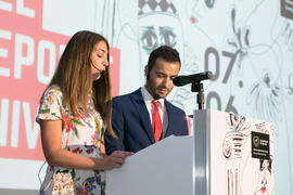 María Guerrero y Guillermo Villalobos presentan la Gala del Deporte Universitario 2017. Escuela Técnica Superior de Ingeniería de Telecomunicaciones. Junio de 2017