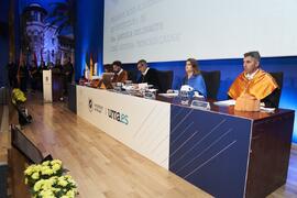 Mesa presidencial. Investidura de Andrea Goldsmith como doctora "Honoris Causa" por la Escuela Técnica Superior de Ingeniería de Telecomunicación de la Universidad de Málaga. Paraninfo. Octubre de 2024