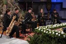 Actuación de quinteto de viento metal en la Casa Hermandad de la Archicofradía del Paso y la Esperanza. Málaga. Marzo de 2021