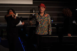 Alessandra García, José Corbacho y Violeta Niebla. Ensayo de la gala de inauguración de la 31ª edición de Fancine de la Universidad de Málaga. Cine Albéniz. Noviembre de 2021