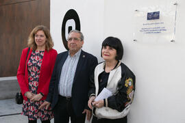 Raquel Barco, José Ángel Narváez y Tecla Lumbreras. Inauguración de la sala de exposiciones "Espacio Cero" en el Contenedor Cultural. Campus de Teatinos. Abril de 2019