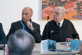Javier Ramírez y Eugenio Chicano. Mesa redonda de la exposición "Paisajes Andaluces" de Eugenio Chicano. Museo del Patrimonio Municipal. Febrero de 2017