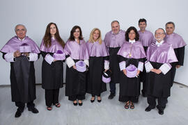 Retrato de grupo previo a la investidura de Heliodoro Carpintero como Doctor "Honoris Causa" por la Facultad de Psicología de la Universidad de Málaga. Edificio del Rectorado. Mayo de 2019