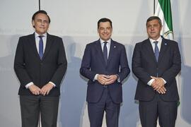 José Carlos Gómez, Juan Manuel Moreno y Teodomiro López. Toma de posesión de D. Teodomiro López Navarrete como Rector de la Universidad de Málaga. Palacio de San Telmo, Sevilla. Febrero de 2024