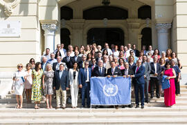 Foto de grupo. Presentación del Centro Internacional de Autoridades y Líderes. Ayuntamiento de Málaga. Julio de 2018