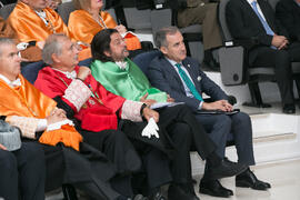 José María Martín Delgado, Luis Gómez Jacinto y Miguel Porras Fernández. Apertura del Curso Académico 2017/2018 de la Universidad de Málaga. Salón de actos de la Facultad de Turismo. Septiembre de 2017
