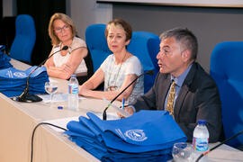María del Carmen Montañez, Isabel Jiménez y José Jesús Delgado. Graduación y clausura del curso del Aula de Mayores de la Universidad de Málaga. Campus de Teatinos. Junio de 2018