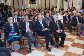 Marion Reder, Alfredo Asensi, Francisco de la Torre y José Manuel Cabra de Luna en el nombramiento de Eugenio Chicano como miembro de la Real Academia de Bellas Artes de San Telmo. Salón de los Espejos, Ayuntamiento de Málaga. Septiembre de 2016