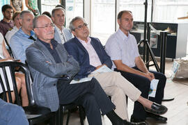 Francisco de la Torre, José Ángel Narváez y Juan Jesús Martín. Presentación del I curso de verano "Mares de Andalucía". Puerto de Málaga. Julio de 2018