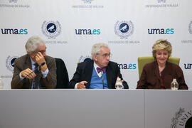 Basilio Baltasar, Juan Antonio Cremades y Cécile Rougier-Vidal. Presentación del libro "Celebración de París: Lugares y gentes". Edificio del Rectorado. Octubre de 2017