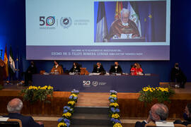 Mesa presidencial. Investidura de Felipe Romera como Doctor "Honoris Causa" por la por la Escuela Técnica Superior de Ingeniería de Telecomunicación de la Universidad de Málaga. Paraninfo. Marzo de 2022