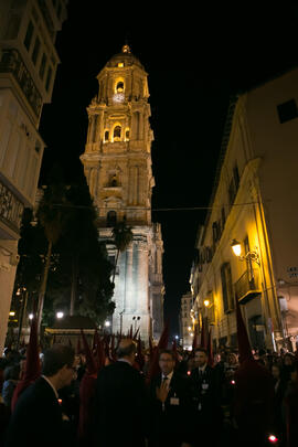 Torre de la Catedral. Estación de Penitencia de la Hermandad de los Estudiantes. Málaga. Marzo de 2018