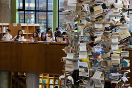 Biblioteca General con la instalación "Biblioteca de Babel XIII", de José Ignacio Díaz de Rábago. Campus de Teatinos. Enero de 2018