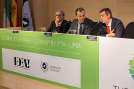 José Ángel Narváez, Pedro Duque y Juan Teodomiro López. Reunión con el ministro de Ciencia, Innovación y Universidades, en el edificio The Green Ray. Campus de Teatinos. Junio de 2018