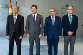 Rogelio Velasco, Juan Manuel Moreno Bonilla, José Ángel Narváez y Elías Bendodo. Toma de posesión de D. José Ángel Narváez Bueno como Rector de la Universidad de Málaga. Palacio de San Telmo, Sevilla. Enero de 2020