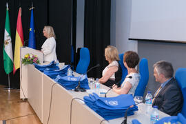 Intervención de Carmen Crespo. Graduación y clausura del curso del Aula de Mayores de la Universidad de Málaga. Campus de Teatinos. Junio de 2018