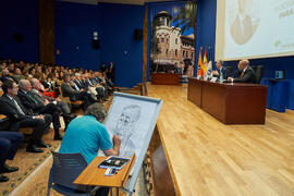 Idígoras dibuja a Pablo Hernández de Cos durante su conferencia en la Facultad de Ciencias Económicas y Empresariales de la Universidad de Málaga. Paraninfo. Octubre de 2022