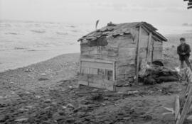 Niño junto a una chabola destrozada como consecuencia del temporal de viento en las playas de El Bulto y San Andrés. Málaga. Enero de 1963