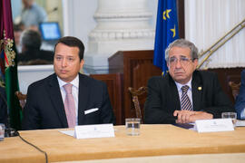 Álex Mejía y José Ángel Narváez. Presentación del Centro Internacional de Autoridades y Líderes. Ayuntamiento de Málaga. Julio de 2018