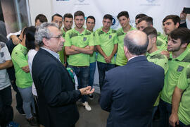 José Ángel Narváez, Tecla Lumbreras y Pedro Montiel con el CD UMA Antequera. Gala del Deporte Universitario 2018. Escuela Técnica Superior de Ingeniería de Telecomunicaciones. Junio de 2018