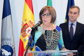 Adelaida de la Calle en la toma de posesión de Antonio Morales como Presidente del Consejo Social de la Universidad de Málaga. Abril de 2014