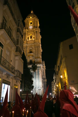 Torre de la Catedral. Estación de Penitencia de la Hermandad de los Estudiantes. Málaga. Marzo de 2018