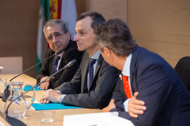 José Ángel Narváez, Pedro Duque y Juan Teodomiro López. Reunión con el ministro de Ciencia, Innovación y Universidades, en el edificio The Green Ray. Campus de Teatinos. Junio de 2018