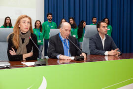 Chantal Pérez, Pedro Montiel y Daniel Pérez. Acto de clausura del 6º Congreso Internacional de Actividad Física Deportiva para Mayores. Escuela Técnica Superior de Ingeniería de Telecomunicaciones y de Informática. Marzo de 2015