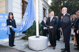 Izado de la bandera de la ONU. Presentación del Centro Internacional de Autoridades y Líderes. Ayuntamiento de Málaga. Julio de 2018