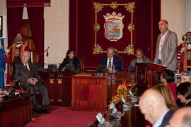 Intervención de Eduardo Zorrilla en la entrega de la Medalla de la Ciudad y el título de Hijo Predilecto a Eugenio Chicano. Ayuntamiento de Málaga. Octubre de 2014