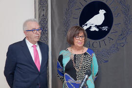 José Sánchez y Adelaida de la Calle en la toma de posesión de Antonio Morales como Presidente del Consejo Social de la Universidad de Málaga. Abril de 2014