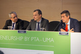 José Ángel Narváez, Pedro Duque y Juan Teodomiro López. Reunión con el ministro de Ciencia, Innovación y Universidades, en el edificio The Green Ray. Campus de Teatinos. Junio de 2018