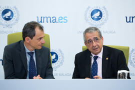 José Ángel Narváez y Pedro Duque. Consejo de Gobierno extraordinario de la Universidad de Málaga. Edificio del Rectorado. Junio de 2018