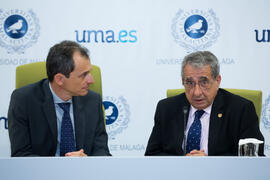 José Ángel Narváez y Pedro Duque. Consejo de Gobierno extraordinario de la Universidad de Málaga. Edificio del Rectorado. Junio de 2018