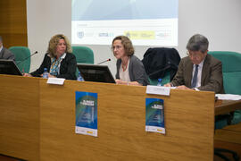 Paz Andrés, Magdalena Martín y Carlos Jiménez. Mesa 1: "La perspectiva de las Naciones Unidas". Jornada "Brexit y Gibraltar. Un reto con oportunidades conjuntas". Edificio del Rectorado. Febrero de 2017