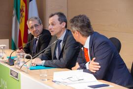 José Ángel Narváez, Pedro Duque y Juan Teodomiro López. Reunión con el ministro de Ciencia, Innovación y Universidades, en el edificio The Green Ray. Campus de Teatinos. Junio de 2018