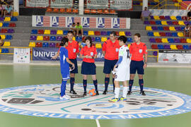 Capitanas y árbitros. Partido China contra China Taipéi. 14º Campeonato del Mundo Universitario de Fútbol Sala 2014 (FUTSAL). Antequera. Julio de 2014