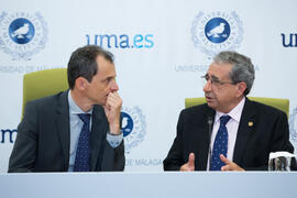 José Ángel Narváez y Pedro Duque. Consejo de Gobierno extraordinario de la Universidad de Málaga. Edificio del Rectorado. Junio de 2018