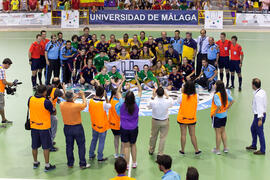 Jugadoras de Brasil y España. Partido Brasil contra España. 14º Campeonato del Mundo Universitario de Fútbol Sala 2014 (FUTSAL). Antequera. Julio de 2014