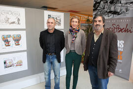 Eugenio José Luque, María Chantal Pérez y Ángel Idígoras en la inauguración de la exposición "Idígoras y Pachi. 50 años de la Facultad de Ciencias Económicas y Empresariales". Facultad de Económicas. Enero de 2016