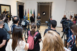 Rueda de prensa del ministro Pedro Duque en la Universidad de Málaga. Edificio del Rectorado. Junio de 2018
