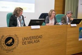 Magdalena Martín, Ana Andrés y Carlos Jiménez. Mesa 1: "La perspectiva de las Naciones Unidas". Jornada "Brexit y Gibraltar. Un reto con oportunidades conjuntas". Edificio del Rectorado. Febrero de 2017
