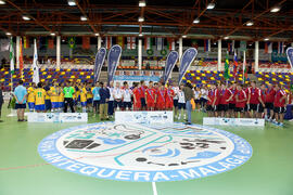 Equipos ganadores. Acto de clausura y entrega de medallas. 14º Campeonato del Mundo Universitario de Fútbol Sala 2014 (FUTSAL). Antequera. Julio de 2014