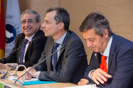 José Ángel Narváez, Pedro Duque y Juan Teodomiro López. Reunión con el ministro de Ciencia, Innovación y Universidades, en el edificio The Green Ray. Campus de Teatinos. Junio de 2018
