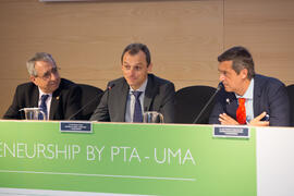 José Ángel Narváez, Pedro Duque y Juan Teodomiro López. Reunión con el ministro de Ciencia, Innovación y Universidades, en el edificio The Green Ray. Campus de Teatinos. Junio de 2018