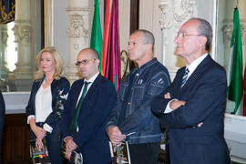 María Jesús Morales, Amador Carmona, Antonio Banderas y Francisco de la Torre. Entrega de los II Premios de Investigación de la Cátedra de Estudios Cofrades. Ayuntamiento de Málaga. Marzo de 2018