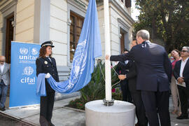 Izado de la bandera de la ONU. Presentación del Centro Internacional de Autoridades y Líderes. Ayuntamiento de Málaga. Julio de 2018