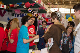 Estand de la Facultad de Estudios Sociales y del Trabajo. Jornadas de Puertas Abiertas de la Universidad de Málaga. Complejo Polideportivo Universitario. Abril de 2015